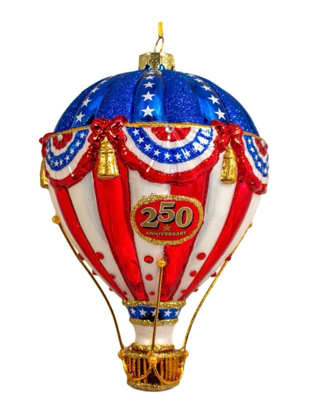 Kurt Adler Bellissimo Glass Red, White & Blue Hot Air Balloon Ornament